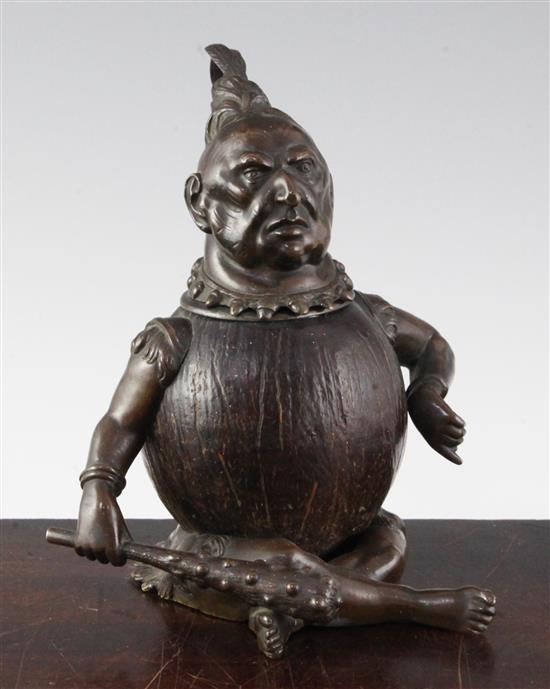 A Victorian brass mounted coconut shell inkwell, 6.5in.